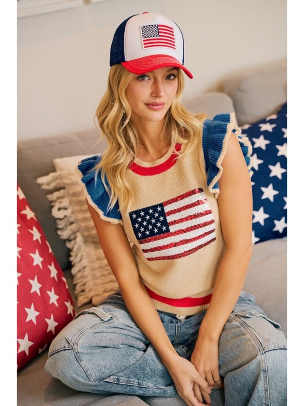 Americana Sequin Flag Knit Sweater Top NWT